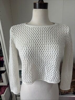 Full Tilt White Open-Knit Long Sleeve Cropped Sweater